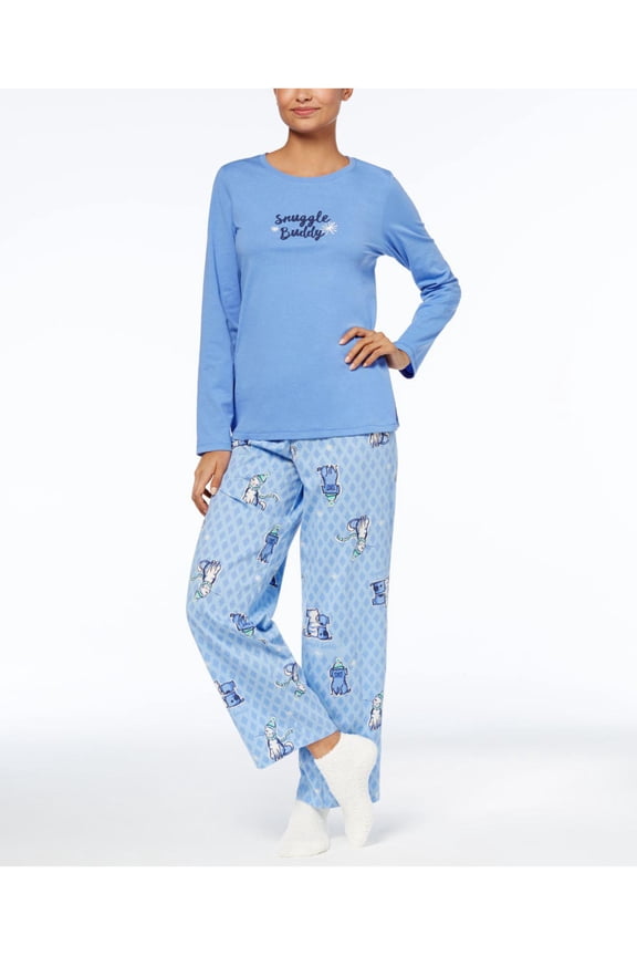 Graphic Printed Snuggle Buddy Top, Pants & Socks Pajama Set Blue Wedgewood L