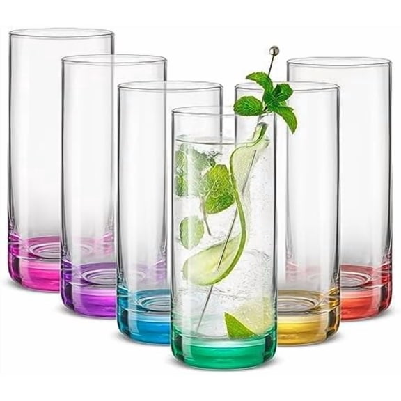 Hue Highball Glasses Set of 6 Tall Drinking Glasses, 13oz Bourbon Whiskey Glass Cups Set, Mojito Glass Tumbler also for Tom Collins Cocktail or Water, Colored Glassware Sets