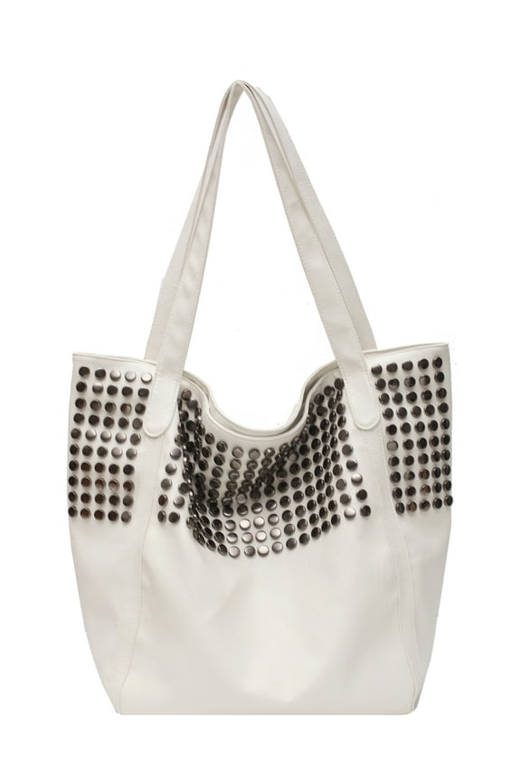 Women's Large Capacity PU Tote Bag Studded Shoulder Bag Hobo Handbag with Metal Zipper, White
