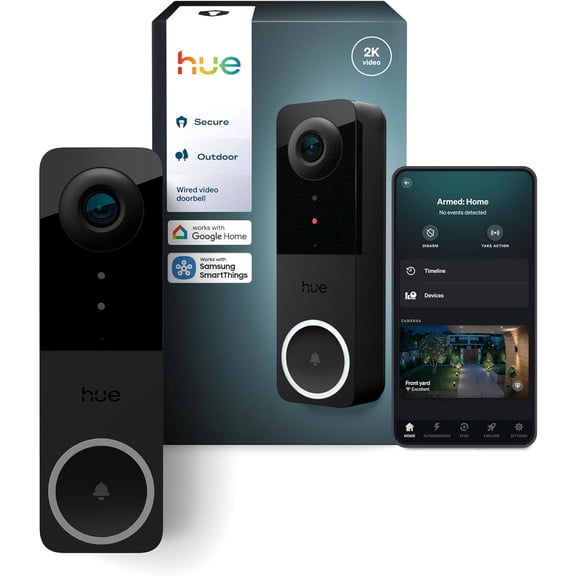 Hue Secure Wired Video Doorbell, 2K Resolution, Wide Angle View, Notifications, Doorbell Camera with Integrated Hue Lights, Two-Way Audio, Infrared Night Visibility, Black