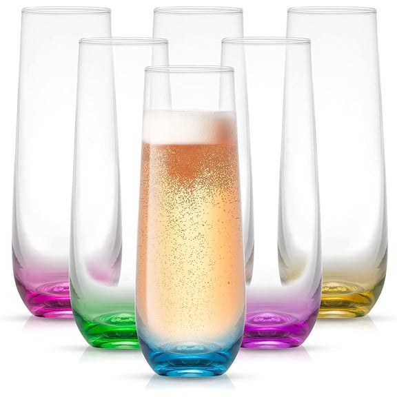 Hue Stemless Champagne Flutes Set of 6 Colored Glasses, 9.5oz Cocktail Glass Set for Mimosa, Stemless Champagne Glasses, Prosecco Wine Flute, Bar Glassware