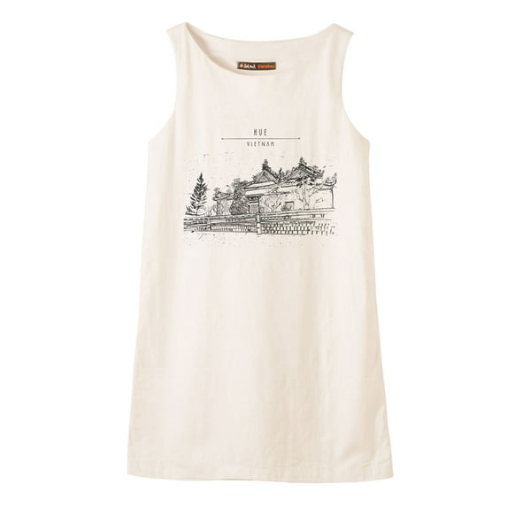 Hue, Vietnam III Printed Vintage 100% Cotton Linen Mini Shift Dress WDS_01 20