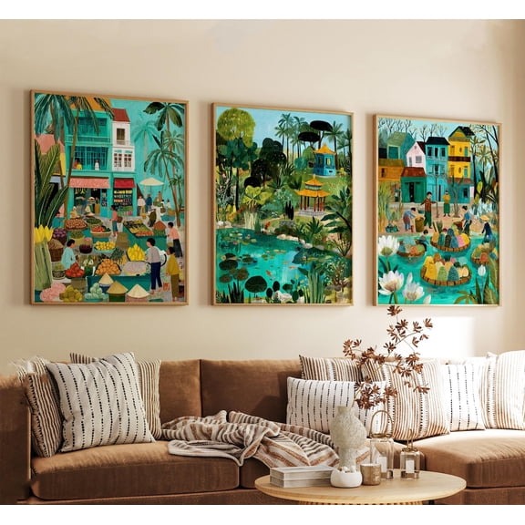 Hue Vietnam Wall Art Print Set Of 3, Vintage Temple Landscape Neutral Asian Travel Decor