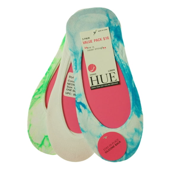 Hue Women's 3 Pack Low Cut Hidden Liner Socks Neon Blue Tie Dyed