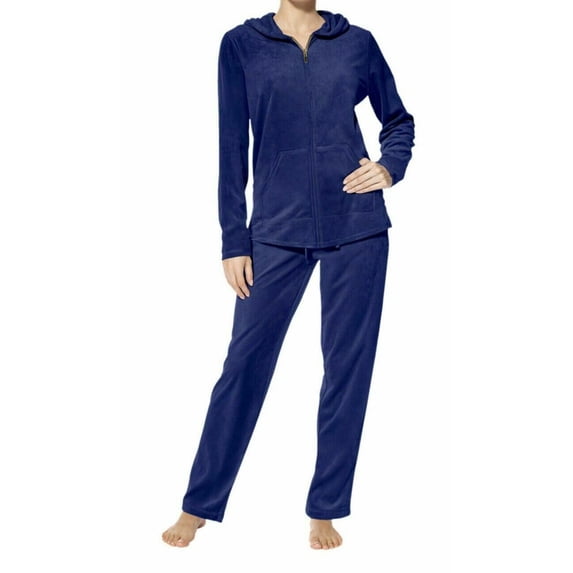 Hue Women's Super Soft Velour Lounge Full Zip Jacket & Pant (Medieval Blue, L)