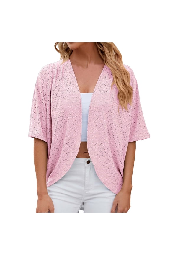 2024 Spring And Summer New Solid Colour Circle Short Sleeved Cardigan Casual Loose Tops