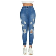 Hueihxs Women Casual Slim Ripped Jeans Elastic Waist Cord Mid Blue Jeans