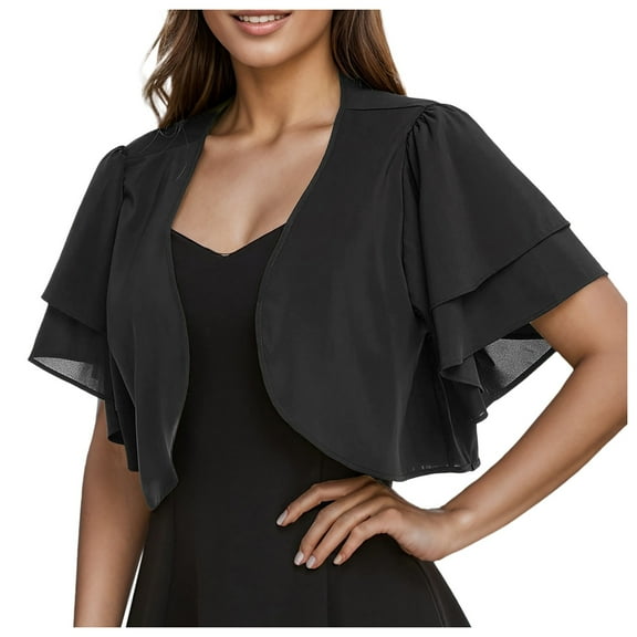 Hueihxs Women Fashion Solid Short Sleeve Cropped Bolero Open Front Chiffon Cardigan
