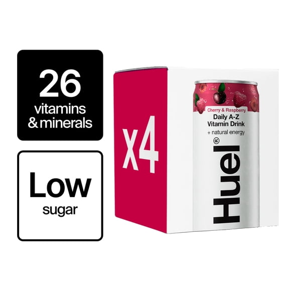 Huel Daily A-Z Cherry & Raspberry Sparkling Multivitamin Energy Drink 4 x 330ml, Imported from Britain