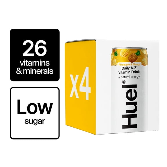Huel Daily A-Z Pineapple & Mango Sparkling Multivitamin Energy Drink 4 x 330ml, Imported from Britain