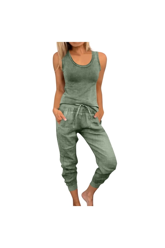 2 Piece Lounge Set Women'S Spring and Summer Solid Color Round Neck Sleeveless Drawstring Casual Pants Set Army Green 2X