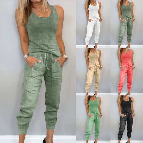 Hueook 2 Piece Lounge Set Women'S Spring and Summer Solid Color Round Neck Sleeveless Drawstring Casual Pants Set Green 4X