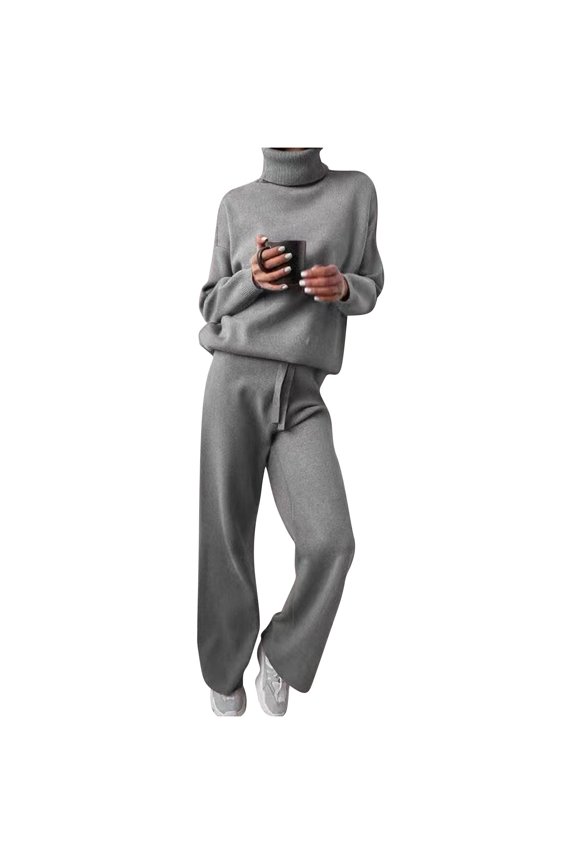 2 Piece Lounge Set Women Women's Winter High Neck Solid Color Sweater Knitted Two Piece Set Gray S