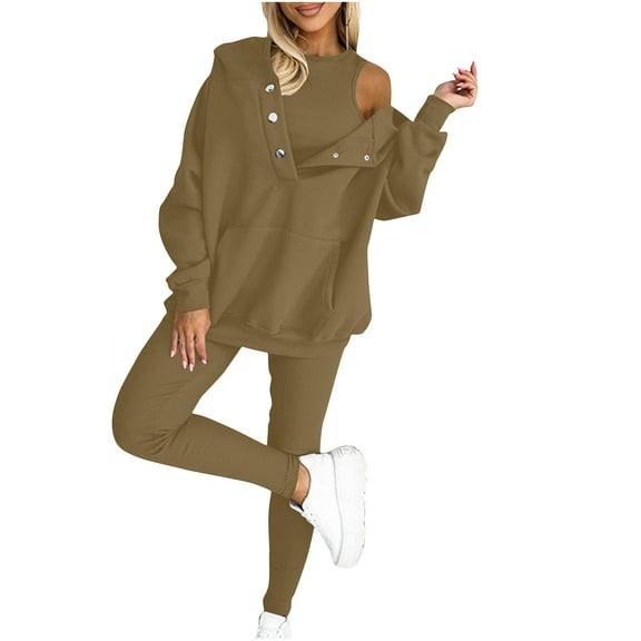 Hueook 2 Piece Sets For Women Dressy Women Sweat Suit Hoodie And Leggings Casual And Comfortable Sweatshirt 3 Piece Suit Brown L