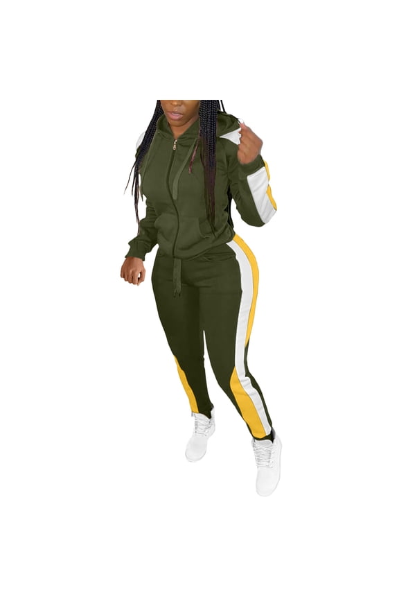 2 Piece Sets For Women Dressy Womens Color Block Casual Hooded Zipper Jacket Two-Piece Set Army Green S