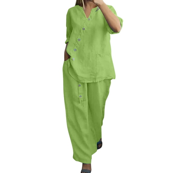 Hueook 2 Piece Sets For Women Fall Women's Solid Color And Linen Quarter Sleeved Wide Leg Pants Button Decoration Two-Piece Set Suits Green 3X