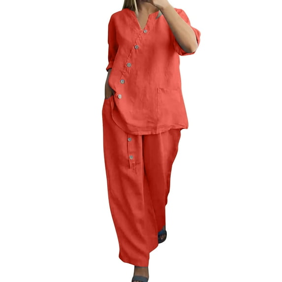 Hueook 2 Piece Sets For Women Fall Women's Solid Color And Linen Quarter Sleeved Wide Leg Pants Button Decoration Two-Piece Set Suits Orange M