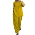 thumbnail image 1 of Hueook 2 Piece Sets For Women Fall Women's Solid Color And Linen Quarter Sleeved Wide Leg Pants Button Decoration Two-Piece Set Suits Yellow 2X, 1 of 6
