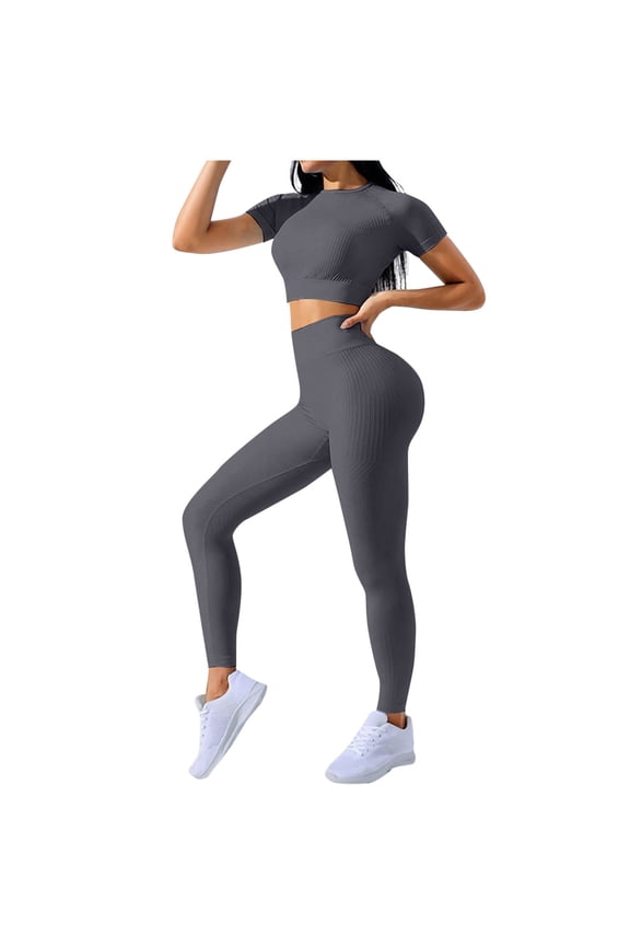 2 Piece Sets For Women Women Seamless Fitness Set High - Waisted Leggings Stretchy Yoga Set Dark Gray L