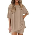 thumbnail image 1 of Hueook 2 Piece Sets For Women Women's Summer Solid Color Round Neck Five Quarter Sleeved+shorts Pants Two-piece Set Khaki M, 1 of 7