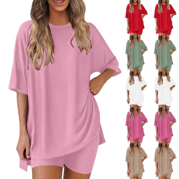 Hueook 2 Piece Sets For Women Women's Summer Solid Color Round Neck Five Quarter Sleeved+shorts Pants Two-piece Set Khaki M