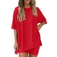 thumbnail image 1 of Hueook 2 Piece Sets For Women Women's Summer Solid Color Round Neck Five Quarter Sleeved+shorts Pants Two-piece Set Red S, 1 of 7