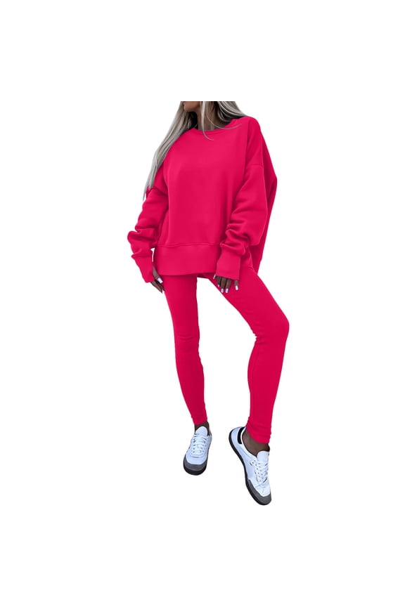 2 Piece Sets For Women Womens Solid Color Casual Tight Pants Loose Sweatshirt Suit Two-piece Set Red XL