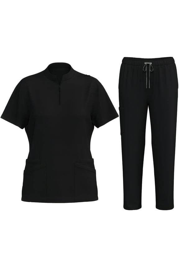 2 Piece Sets for Women Dressy Women's Solid Color Pocket with Elastic Drawstring Waist Long Pants Dry Cleaning Hand Clothes Nurse Clothes Set Suit Black S