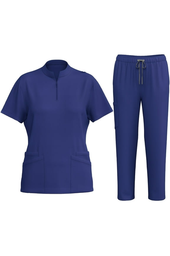 2 Piece Sets for Women Dressy Women's Solid Color Pocket with Elastic Drawstring Waist Long Pants Dry Cleaning Hand Clothes Nurse Clothes Set Suit Dark Blue S