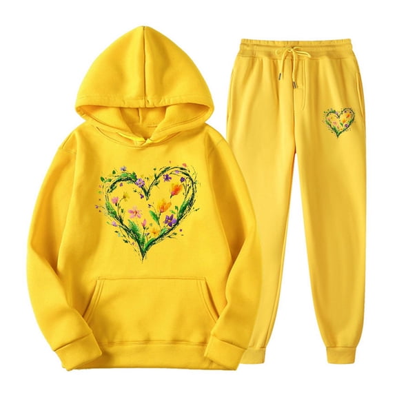 Hueook 2 Piece Sets for Women Dressy Women's Casual Printed Pocket Hoodie with Long Sleeves and Pants Set Yellow L