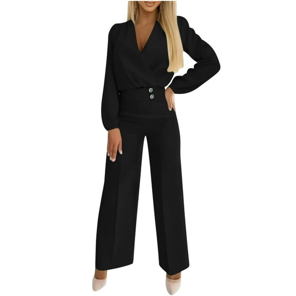 Hueook 2 Piece Sets for Women Fashion Women Solid V-Neck Casual Long Sleeve   Long Pant Suit 2PC Set Black M