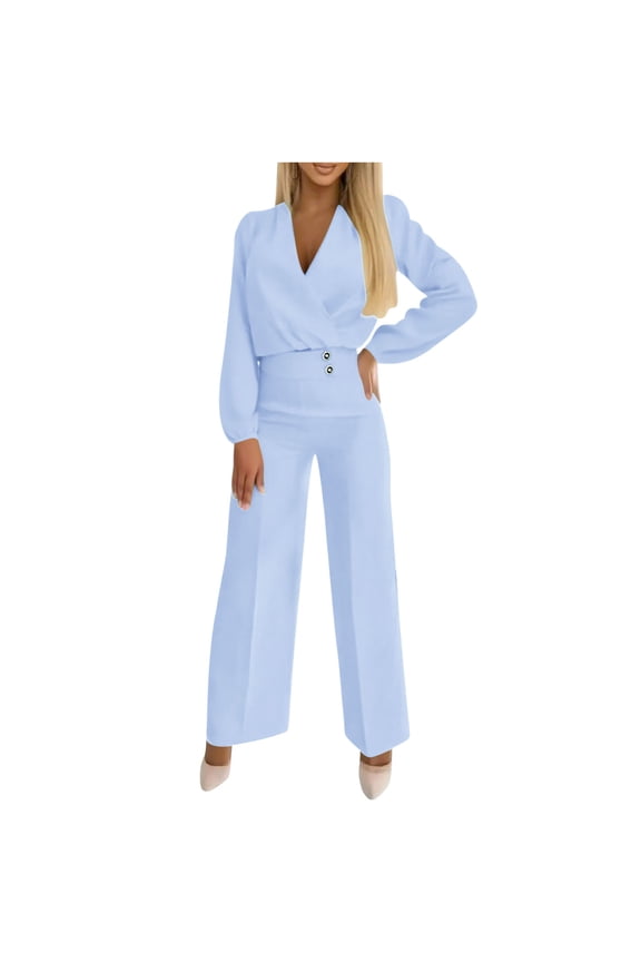 2 Piece Sets for Women Fashion Women Solid V-Neck Casual Long Sleeve + Long Pant Suit 2PC Set Light Blue S