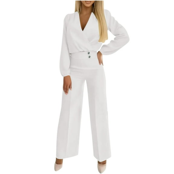 Hueook 2 Piece Sets for Women Fashion Women Solid V-Neck Casual Long Sleeve Long Pant Suit 2PC Set White 3X