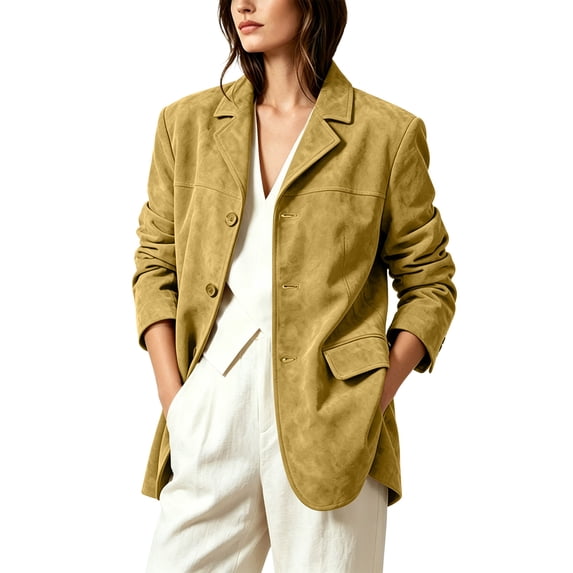Hueook 2026 Suede Blazers for Women Business Casual Ladies' Casual Fashion Lapel with Pocket Buttons Long Sleeve Yellow XL