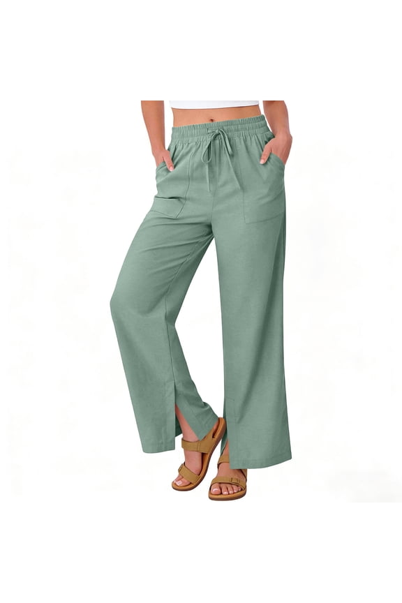 4x Pants for Women Summer and Linen Loose Straight Leg Pants with Pockets Side Slit Buttons Mint Green S