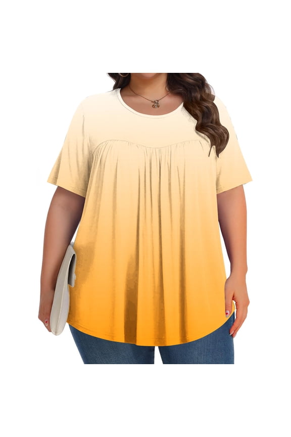 5x Womens Plus Size Shirts Trendy Printed Oversize Short Sleeve Ladies Round Neck Fold Blouse Orange 2X