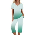 thumbnail image 1 of Hueook Airport Travel Outfit Women's Solid Color V Neck Lace Splicing Short Sleeve Sleepshirt and Pants Sets Loungewear Pajamas with Pockets Mint Green S, 1 of 8