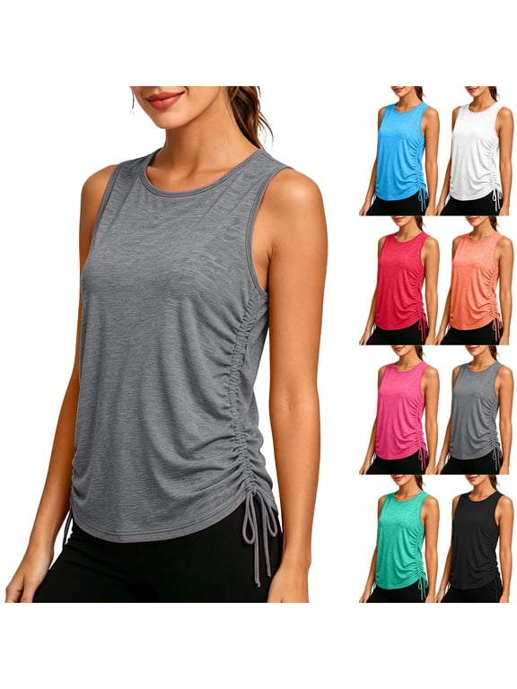 Athletic Tank Tops for Women Dressy Spring and Summer Sports Fitness Yoga Outerwear Running Pilates Drawstring Loose Top Gray M