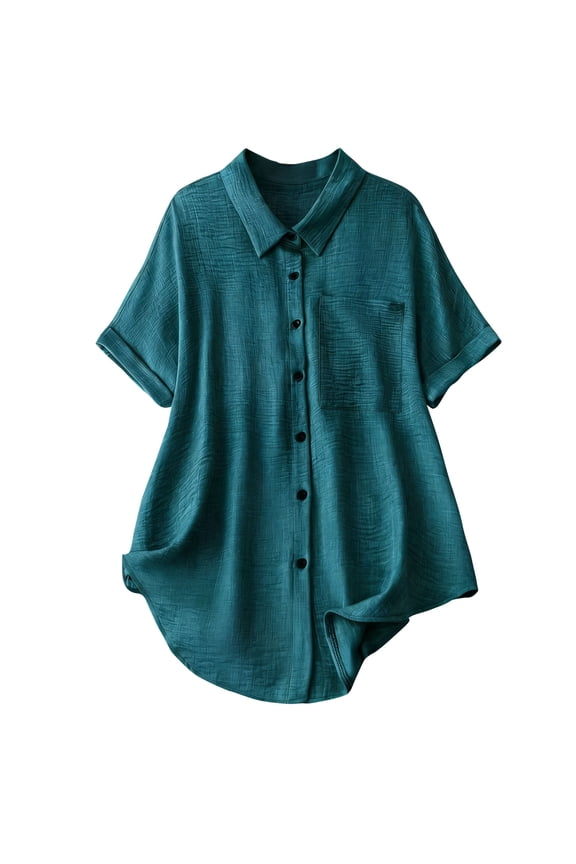 Baggy Blouse House Lounge Tshirt for Women‘’s Summer Fashion Casual Solid Short Sleeve Turndow Collar Button Pocket Blouse Top Green 3X