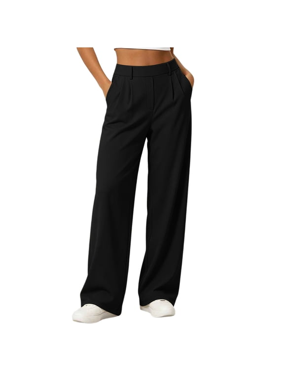 Baggy Pants Linen Trousers Women High Waiste Elastic Wide Leg Work Pants Stretchy Pleated Pull On Dress Trousers Business Casual Loose Pants with Pockets for Office and Daily Black 3X