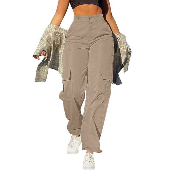 Hueook Baggy Pants Women Fashion Casual Multi Pocket Workwear Straight Leg Pants High Waisted Loose Workwear Pants Khaki S