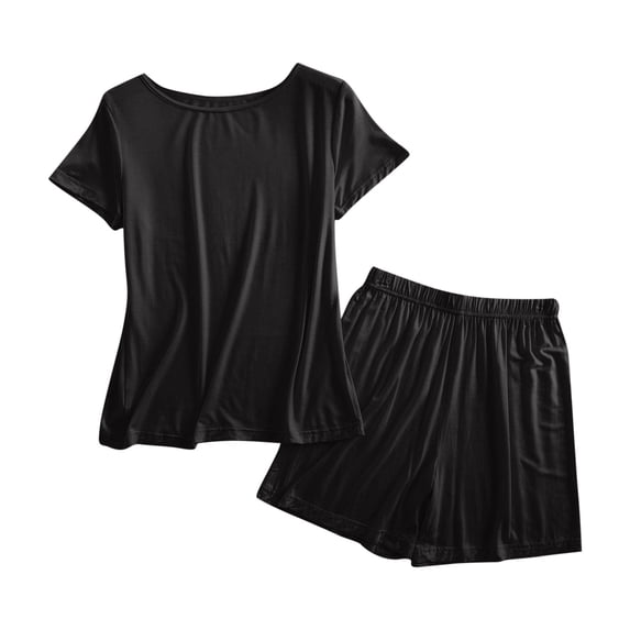 Hueook Bamboo Pajamas Night Gowns Women's Fashion Loose Solid Color Suspender Home Wear Two-piece Pajama Sets Black 2X