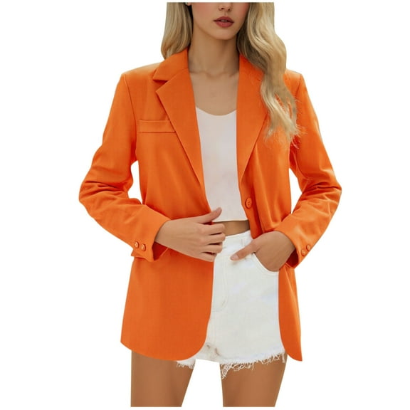 Hueook Barn Jackets for Women Contrasting Long Sleeved Double Pocket Buttoned Turndown Collar Blazer Orange M