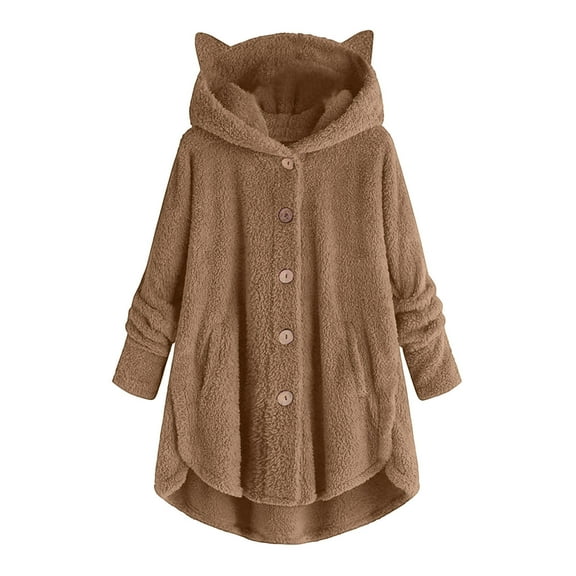 Hueook Barn Jackets for Women Fashion Women's Button V-Neck Pullover Tops Long Sleeve Hooded Blouse Coat Khaki 3X