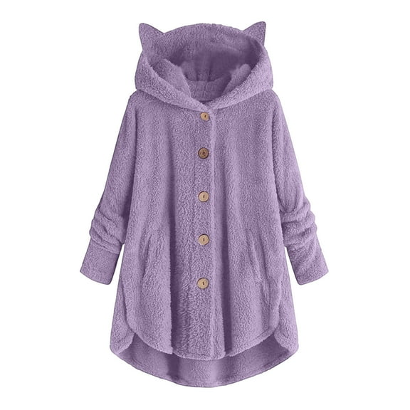 Hueook Barn Jackets for Women Fashion Women's Button V-Neck Pullover Tops Long Sleeve Hooded Blouse Coat Purple 5X