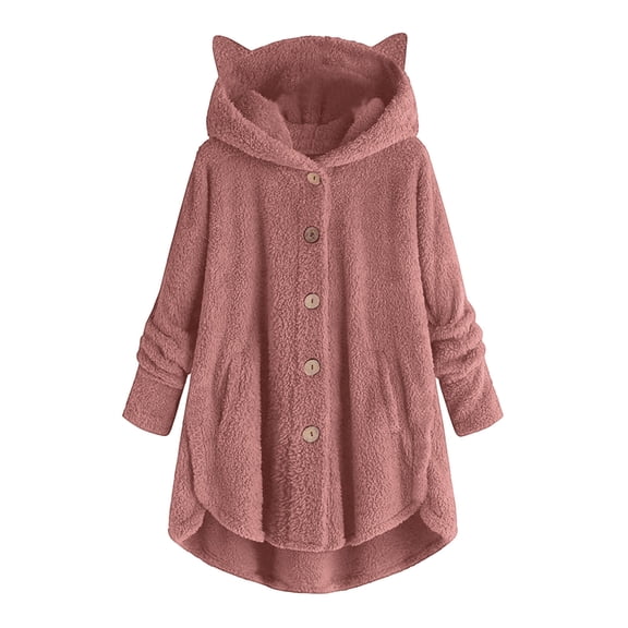 Hueook Barn Jackets for Women Fashion Women's Button V-Neck Pullover Tops Long Sleeve Hooded Blouse Coat Watermelon Red M