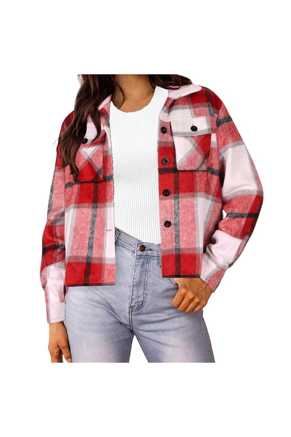 Barn Jackets for Women Fashionable and Casual Loose Checkered Pocket Long Sleeved Short Style Double Pocket Lapel Jacket Top Red 2X