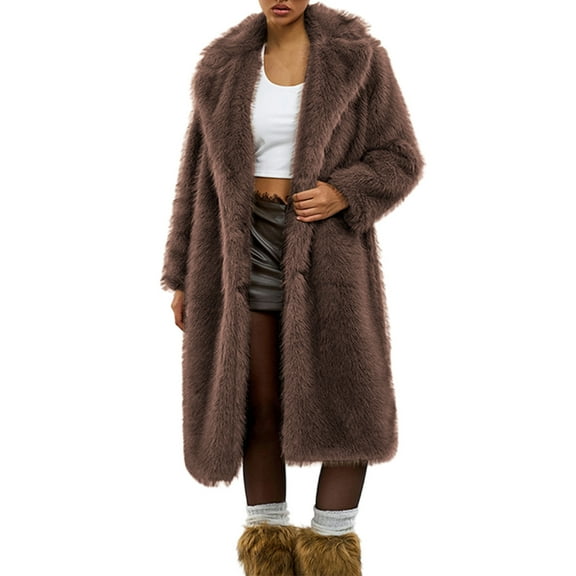 Hueook Barn Jackets for Women Winter Solid Color Long Sleeve Warm Faux Jacket Coffee L