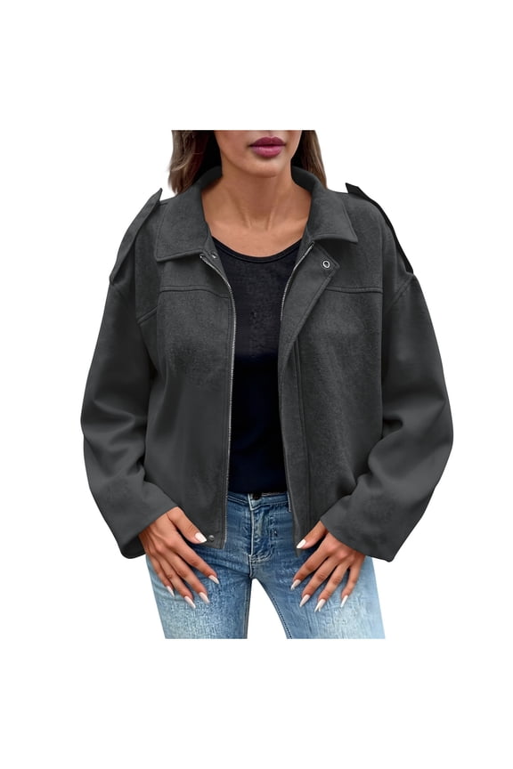 Barn Jackets for Women's Casual Sleeve Zipper Loose Suede Textured Coat Long Sleeve Hoodless Casual Coat/Jacket Gray S