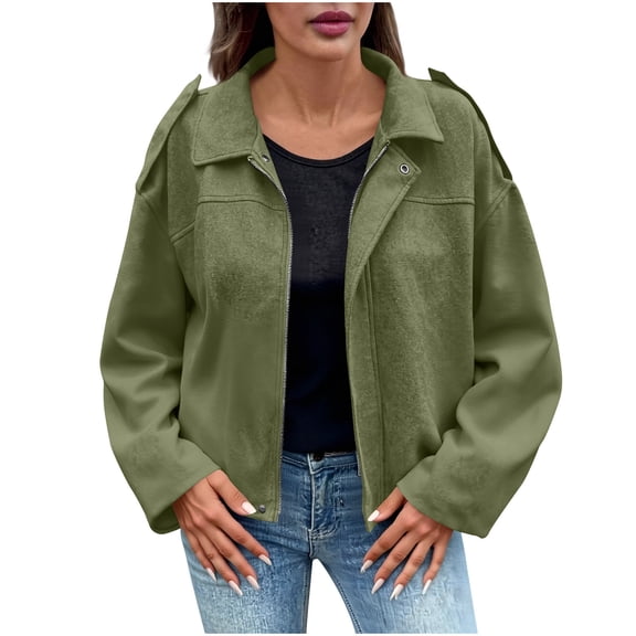 Hueook Barn Jackets for Women's Casual Sleeve Zipper Loose Suede Textured Coat Long Sleeve Hoodless Casual Coat/Jacket Green M